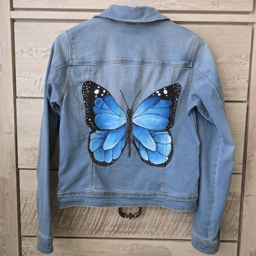 Cat & Jack Blue Denim Snap Button Jacket with Hand-painted Butterfly